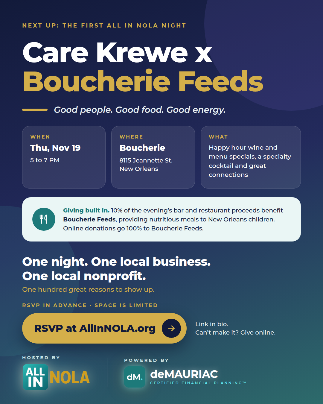 ALL IN NOLA Care Krewe x Boucherie Feeds happy hour at Boucherie in New Orleans
