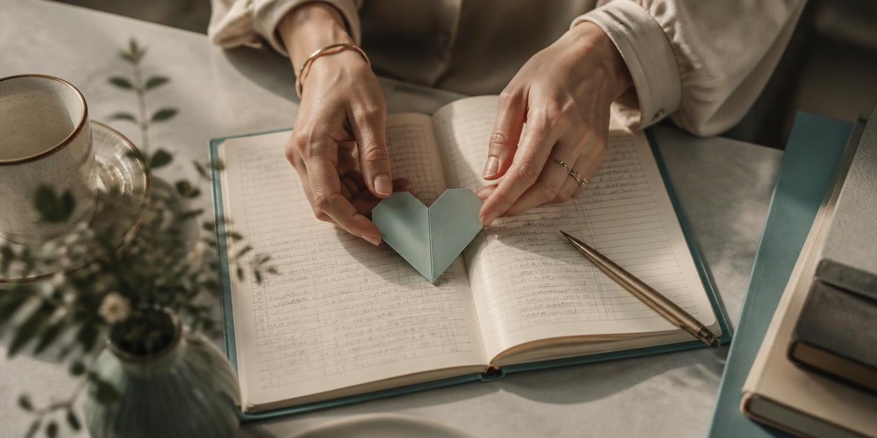 Hands placing a paper heart on an open journal, symbolizing thoughtful charitable giving