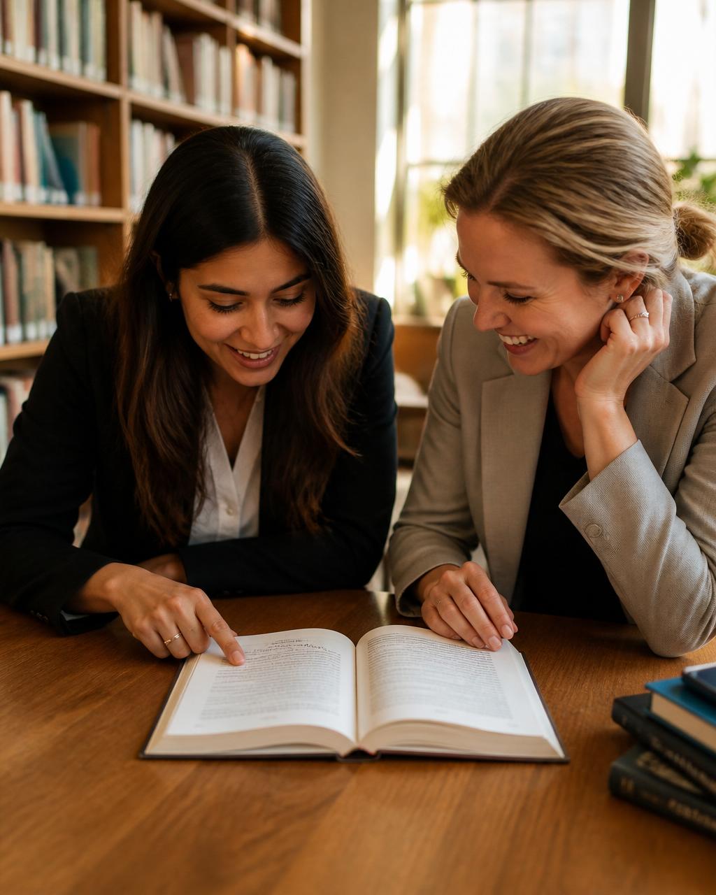 Two women excitedly reading financial books together in a bright modern library